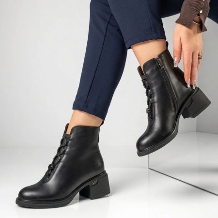 Ghete dama cu siret elastic si toc gros negre din Piele naturala MOD14038, 3, modlet.ro