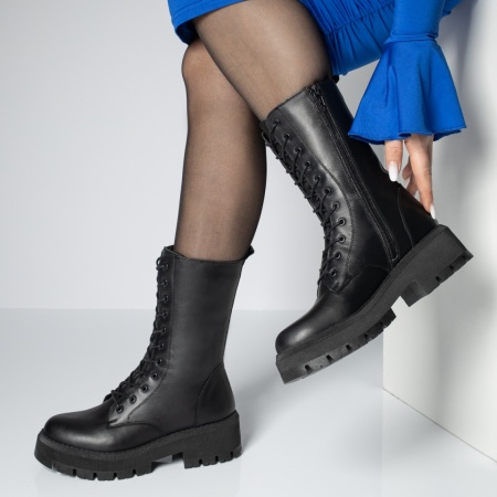 Ghete dama cu siret si talpa groasa negri din Piele naturala MOD10663, 2, modlet.ro