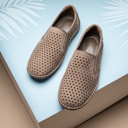 Incaltaminte barbati, Pantofi casual barbati cu perforatii bej din Piele naturala MOD13434, modlet.ro