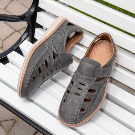 Pantofi casual barbati cu perforatii si inchidere cu scai gri ZEF13555, 3, zeforia.ro