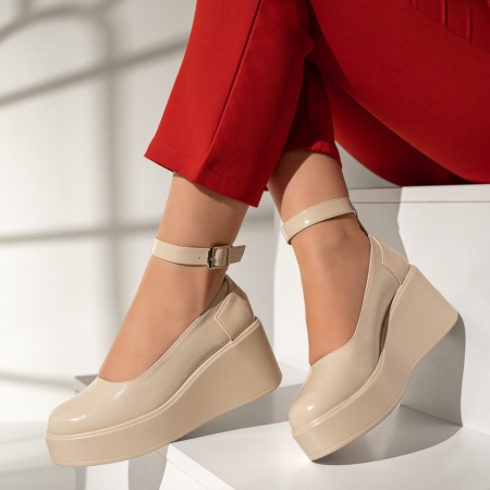 Pantofi casual cu platforma si bareta bej cu aspect lucios NINA6, 2, modlet.ro