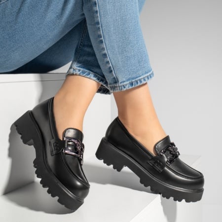 INTB, Pantofi casual cu talpa groasa si accesoriu metalic negri ZEF13247, zeforia.ro