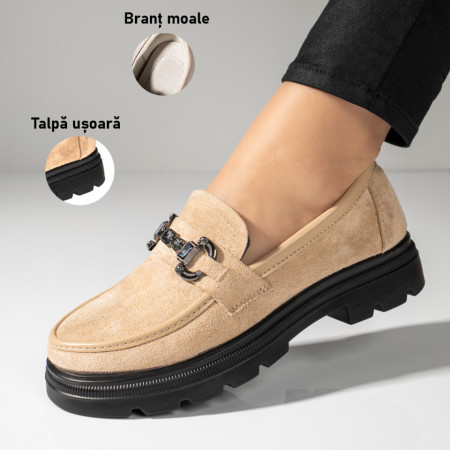 Pantofi casual dama bej suede cu talpa groasa si accesoriu metalic ZEF10976, 1, zeforia.ro