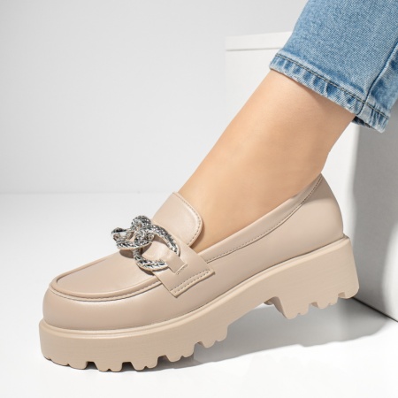 Pantofi casual cu platforma, Pantofi casual dama cu accesoriu metalic bej MOD13091, modlet.ro
