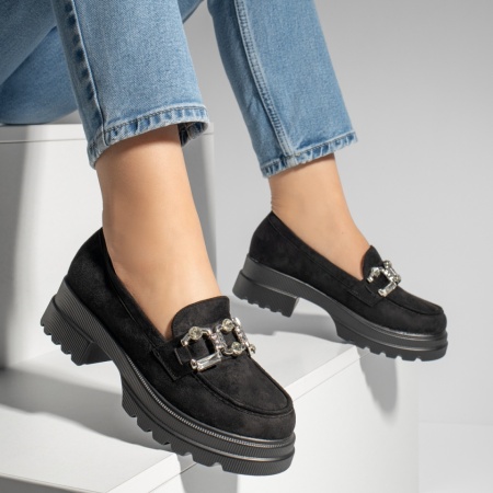 Pantofi dama, Pantofi casual dama cu accesoriu metalic negru suede MOD13249, modlet.ro