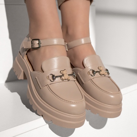 Pantofi casual dama cu bareta si accesoriu decorativ bej MOD13015, 3, modlet.ro