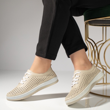 Pantofi dama, Pantofi casual dama cu perforatii bej din Piele naturala MOD13302, modlet.ro