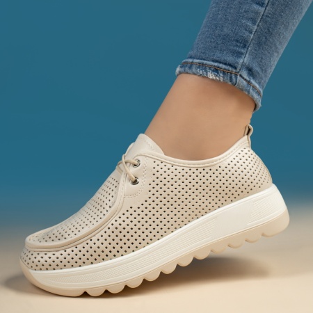 Pantofi casual dama, Pantofi casual dama cu perforatii bej MOD13439, modlet.ro