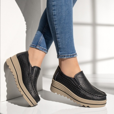Pantofi casual dama cu perforatii negri din Piele naturala MOD13102, 4, modlet.ro