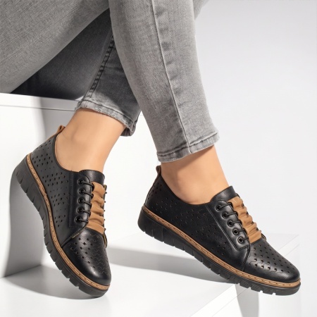 Pantofi casual dama cu perforatii negru cu khaki EVA93, 3, modlet.ro