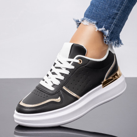 Pantofi casual dama cu perforforatii negri cu auriu MOD08159, 4, modlet.ro