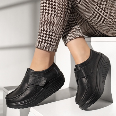 Pantofi casual cu platforma, Pantofi casual dama cu platforma negri din Piele naturala MOD03866, modlet.ro