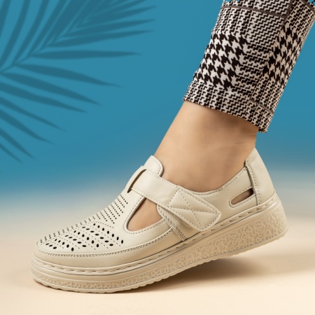 Pantofi casual dama cu platforma si perforatii bej MOD14262, 2, modlet.ro
