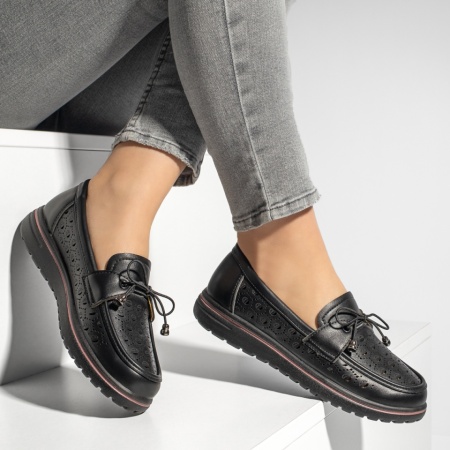 Pantofi casual dama cu siret elastic si perforatii negri MOD13168, 4, modlet.ro
