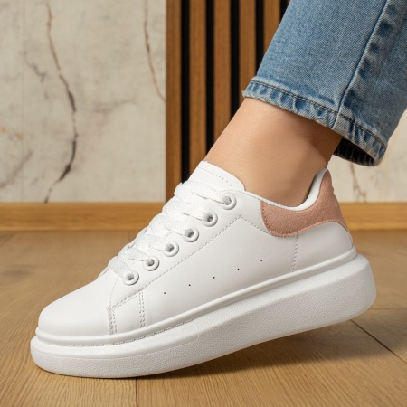 Pantofi casual dama cu talpa groasa alb cu roz MOD12200, 2, modlet.ro