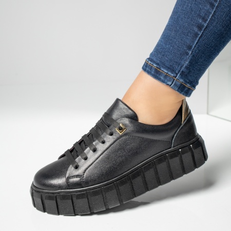 Tenisi dama, Pantofi casual dama cu talpa groasa negri Piele naturala MOD03646, modlet.ro