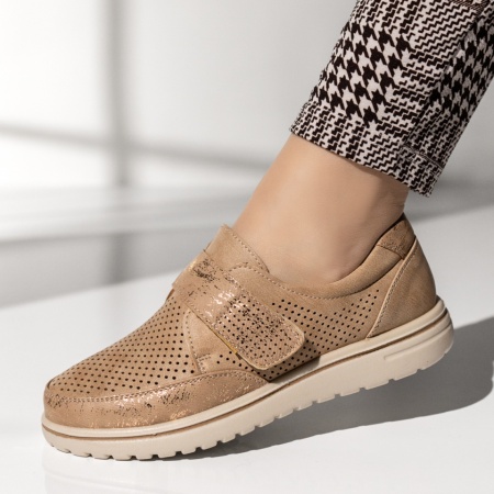 Pantofi casual dama cu talpa joasa si inchidere cu scai bej cu auriu MOD14282, 2, modlet.ro