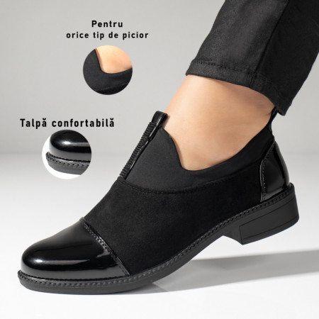 Pantofi casual dama negri suede cu varf lacuit si aplicatii cu pietre ZEF10979