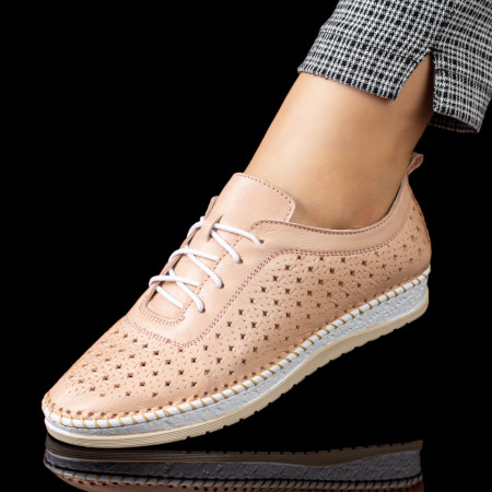 Pantofi casual dama perforati cu siret roz din Piele naturala MDL08758