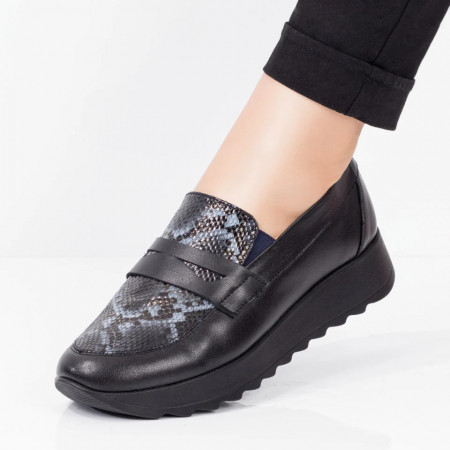 Plateste Jumatate!, Pantofi casual Piele dama negri cu imprimeu sarpe albastru MOD03625, modlet.ro