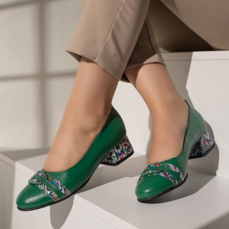 Pantofi dama, Pantofi cu toc dama si imprimeu verzi din Piele naturala MOD12046, modlet.ro