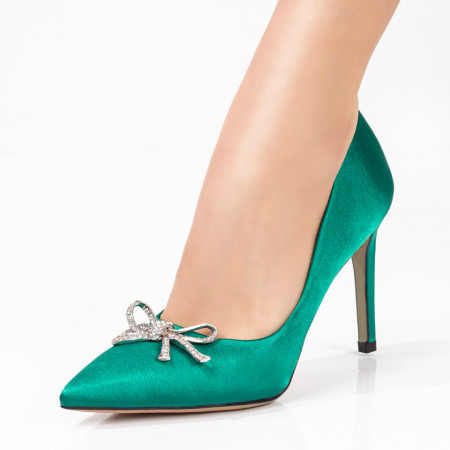 Pantofi Stiletto, Pantofi cu toc dama verzi cu accesoriu si toc inalt ZEF07902 - zeforia.ro