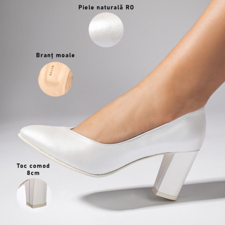 Pantofi cu toc gros albi din Piele Naturala MOD06140