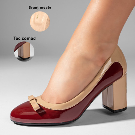 Pantofi dama, Pantofi cu toc gros bej cu visiniu luciosi MOD10986, modlet.ro