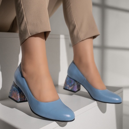 Pantofi dama, Pantofi cu toc gros dama albastri din Piele naturala MOD12048, modlet.ro