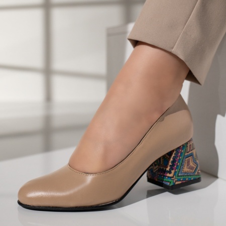 Pantofi cu toc gros dama, Pantofi cu toc gros dama bej inchis din Piele naturala MOD12048, modlet.ro
