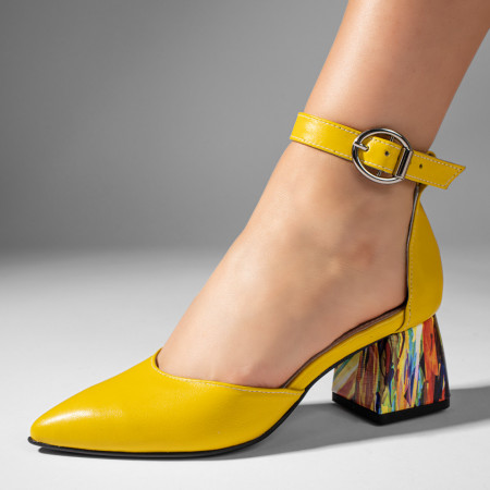 Pantofi dama, Pantofi cu toc gros dama galbeni din Piele naturala MOD11066, modlet.ro