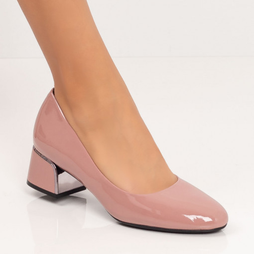 Pantofi cu toc gros dama nude cu aspect lacuit MDL06054