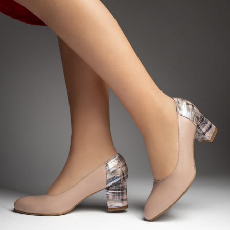 Pantofi cu toc gros dama si imprimeu bej din Piele naturala ZEF13474, 2, zeforia.ro
