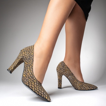 Pantofi cu toc gros dama si imprimeu khaki din Piele naturala MOD12739, 4, modlet.ro
