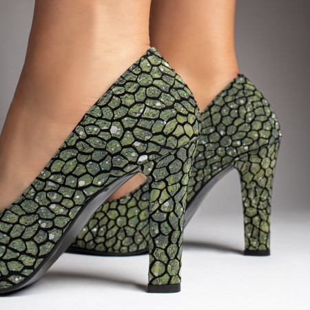 Pantofi cu toc gros dama si imprimeu verde din Piele naturala MOD12739, 4, modlet.ro