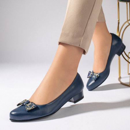 Pantofi cu toc, Pantofi cu toc mic albastri inchis dama din Piele naturala ZEF11254 - zeforia.ro