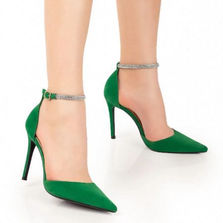 Pantofi cu toc si bareta cu insertie de pietre verde suede ZEF07826, 4, zeforia.ro