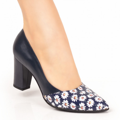 Pantofi cu toc, Pantofi dama albastri cu imprimeu floral din Piele naturala ZEF01491 - zeforia.ro