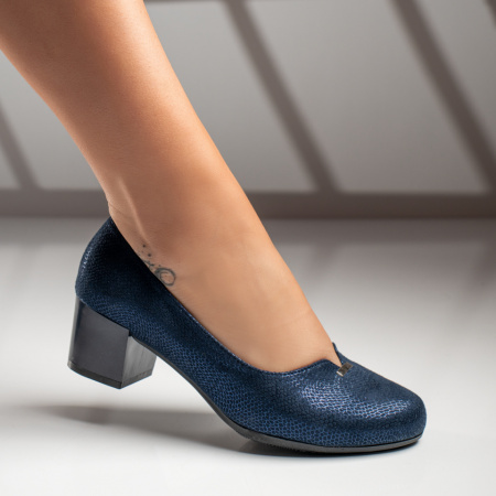 Pantofi cu toc gros dama, Pantofi dama albastri cu toc gros si imprimeu ZEF09942 - zeforia.ro