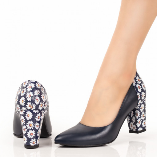 Pantofi cu toc, Pantofi dama albastri cu toc gros si model floral din Piele naturala ZEF06142 - zeforia.ro
