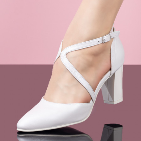 Pantofi cu toc gros dama, Pantofi dama albi cu toc si barete din Piele naturala ZEF08081 - zeforia.ro