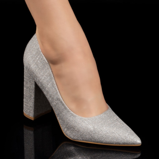 Pantofi cu toc, Pantofi dama argintii cu toc gros ZEF04224 - zeforia.ro