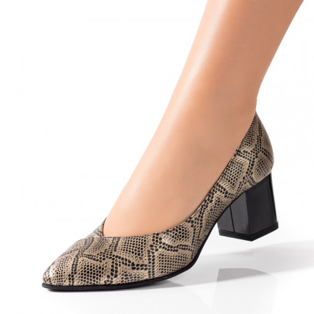 Pantofi cu toc, Pantofi dama cu toc aurii cu print din Piele naturala ZEF033890 - zeforia.ro