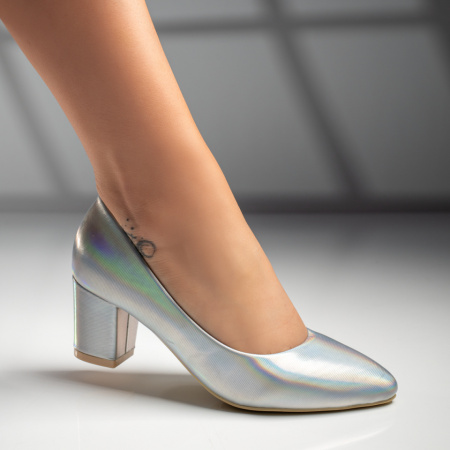 Pantofi dama, Pantofi dama cu toc gros argintii MOD03690, modlet.ro