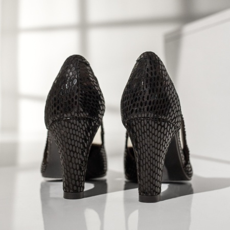 Pantofi dama cu toc gros negri cu print din Piele naturala MOD13129, 4, modlet.ro