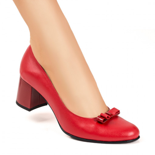 Pantofi cu toc, Pantofi dama cu toc gros rosii cu fundita din Piele naturala ZEF07634 - zeforia.ro