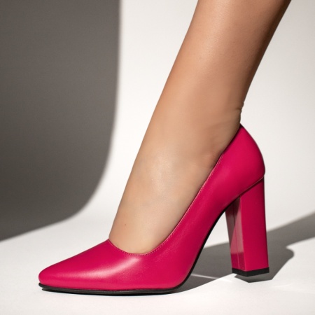 Pantofi dama cu toc gros roz din Piele naturala ZEF13475
