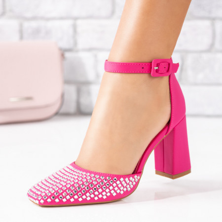 Pantofi cu toc, Pantofi dama cu toc gros roz si strasuri aplicate ZEF08817 - zeforia.ro