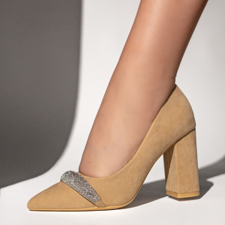 Pantofi dama cu toc gros si aplicatii cu pietre bej suede LIA86, 3, modlet.ro