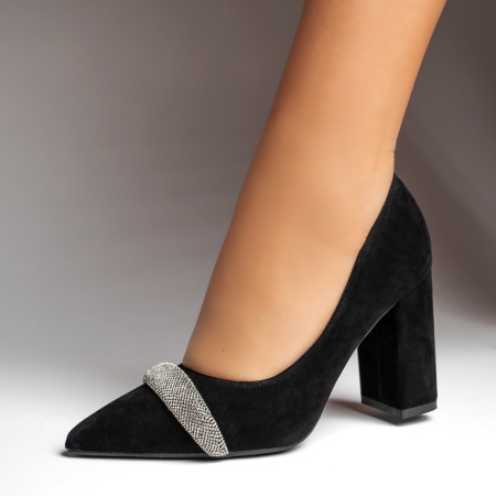 Pantofi dama, Pantofi dama cu toc gros si aplicatii cu pietre negri MOD12763, modlet.ro